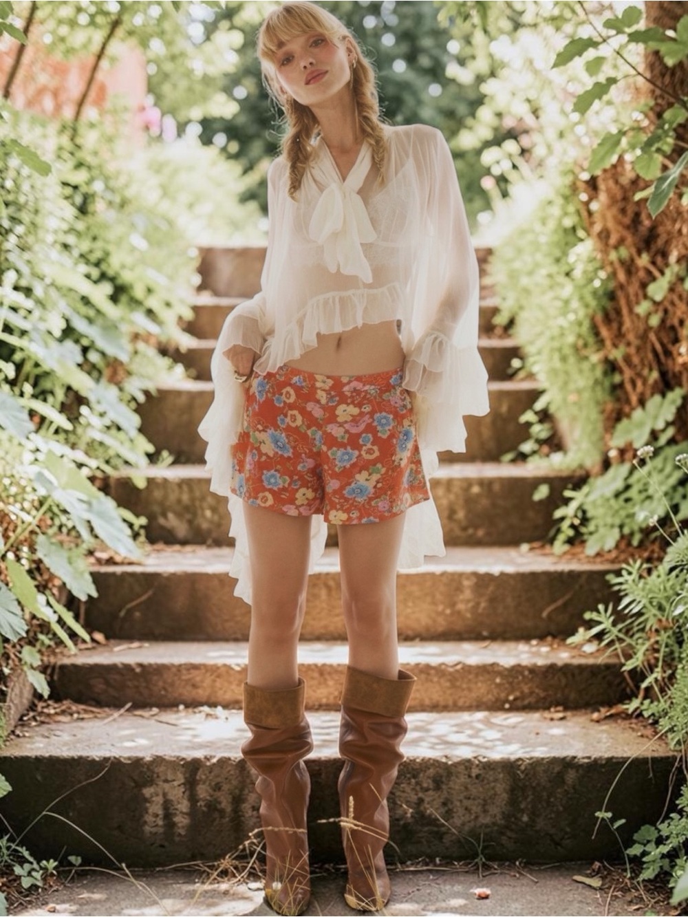 Free People Floral Ruffle Skort Orange Multicolor Boho Size 0
